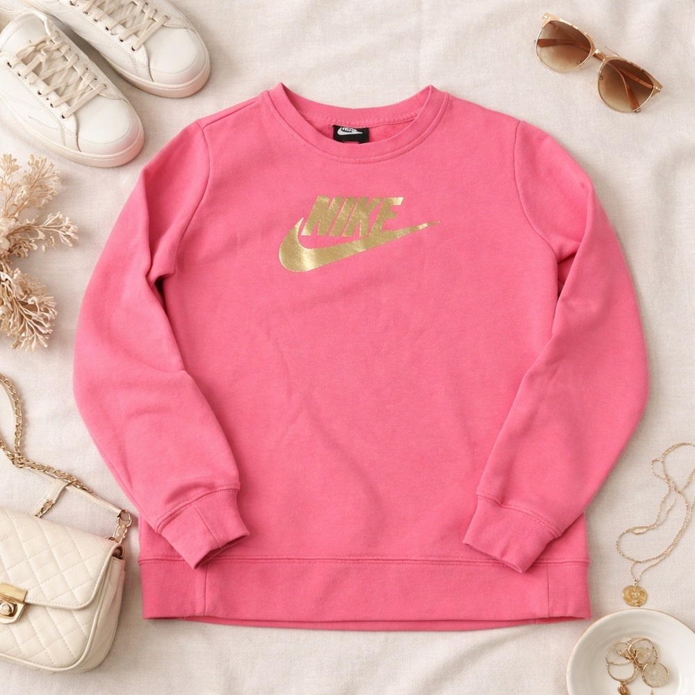Nike Womens Pink Gold Metallic Logo Crewneck Sweatshirt XL Standard Fit Pullover